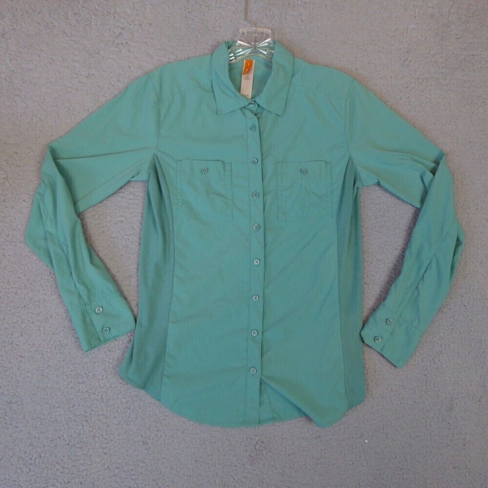 Lucy Womens Shirt Small Green Long Sleeve Button Down Nylon Stretch Side Panels